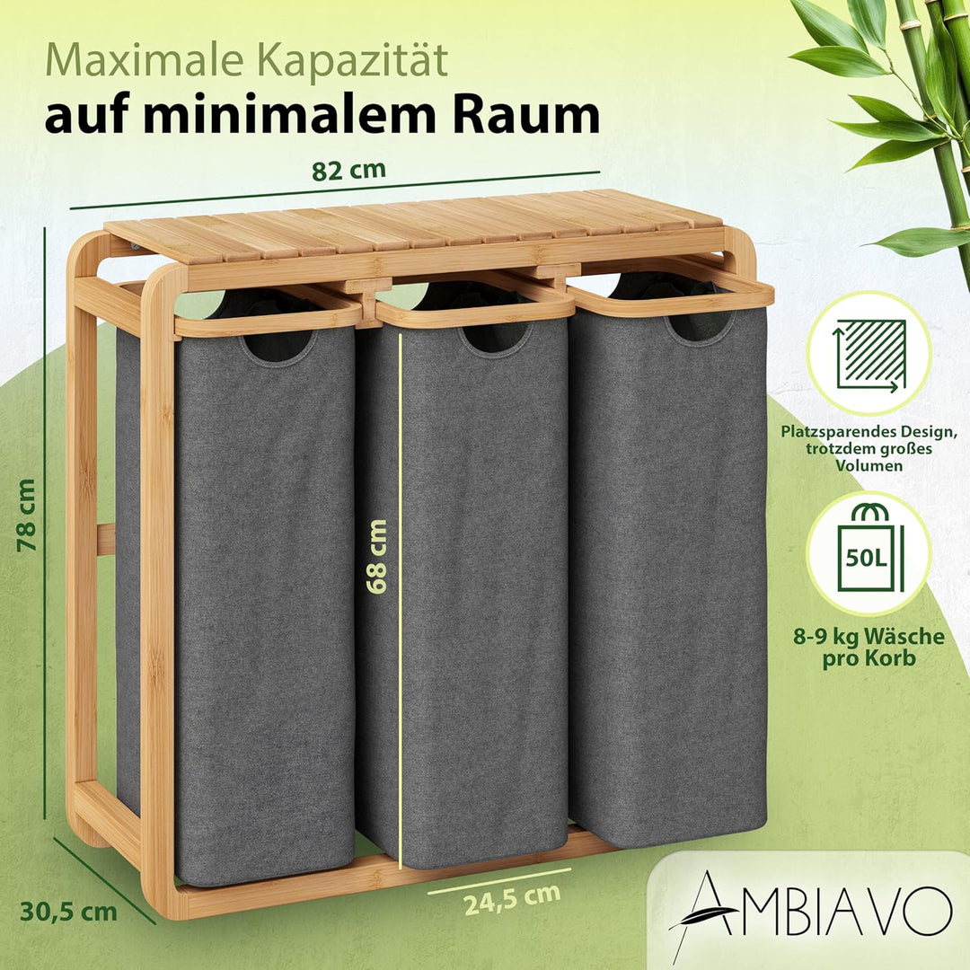 Wäschekorb 3 Fächer grau · Wäschesammler mit Ablage · Bambus | Warme Holz-Optik, schmal, riesiges Vo