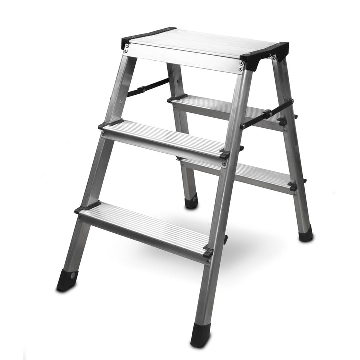 siwitec Trittleiter 2 x 3 Stufen, Alu Klapptritt, leichte Aluminium Leiter beidseitig begehbar, Haus
