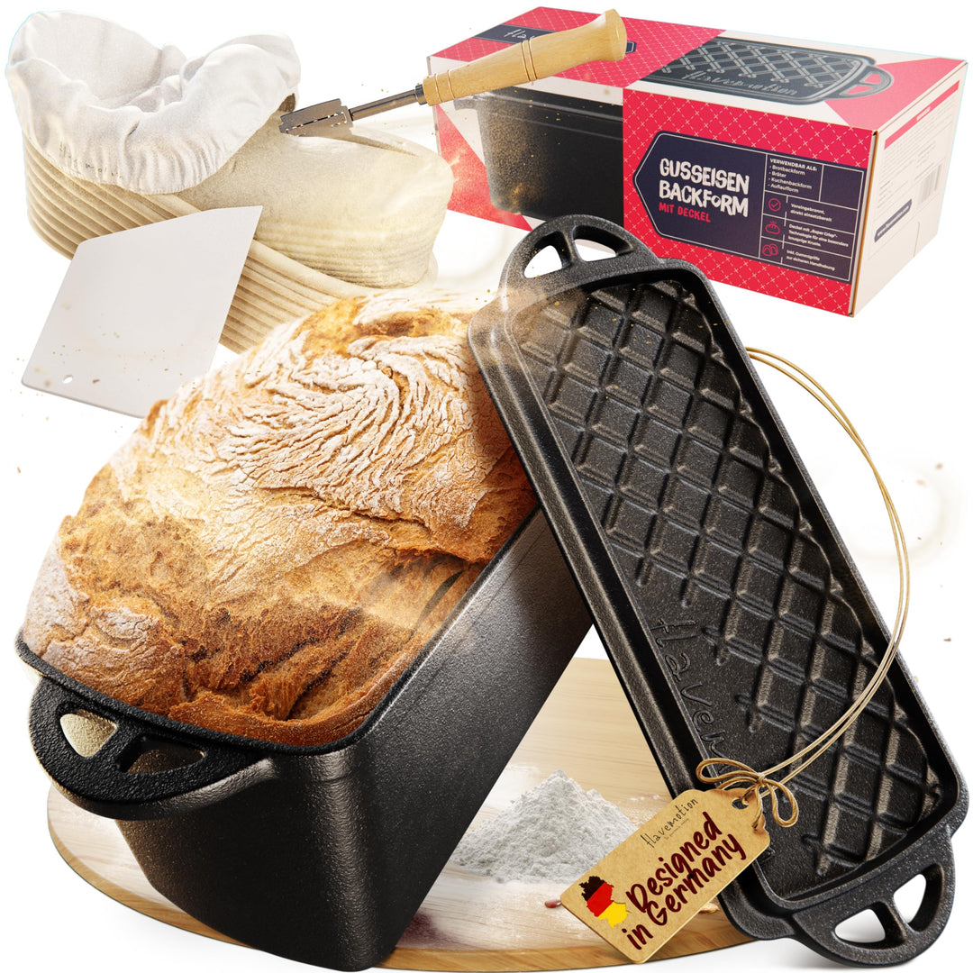 Flavemotion Brotbackform mit Deckel – Komplett-SET (Gärkörbchen, Bäckermesser, Teigkarte, Starter-Re