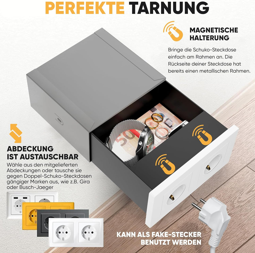 Elder Welder® Steckdosentresor | kompatibel mit jeder Schuko Doppelsteckdose | Wandtresor zum Einmau