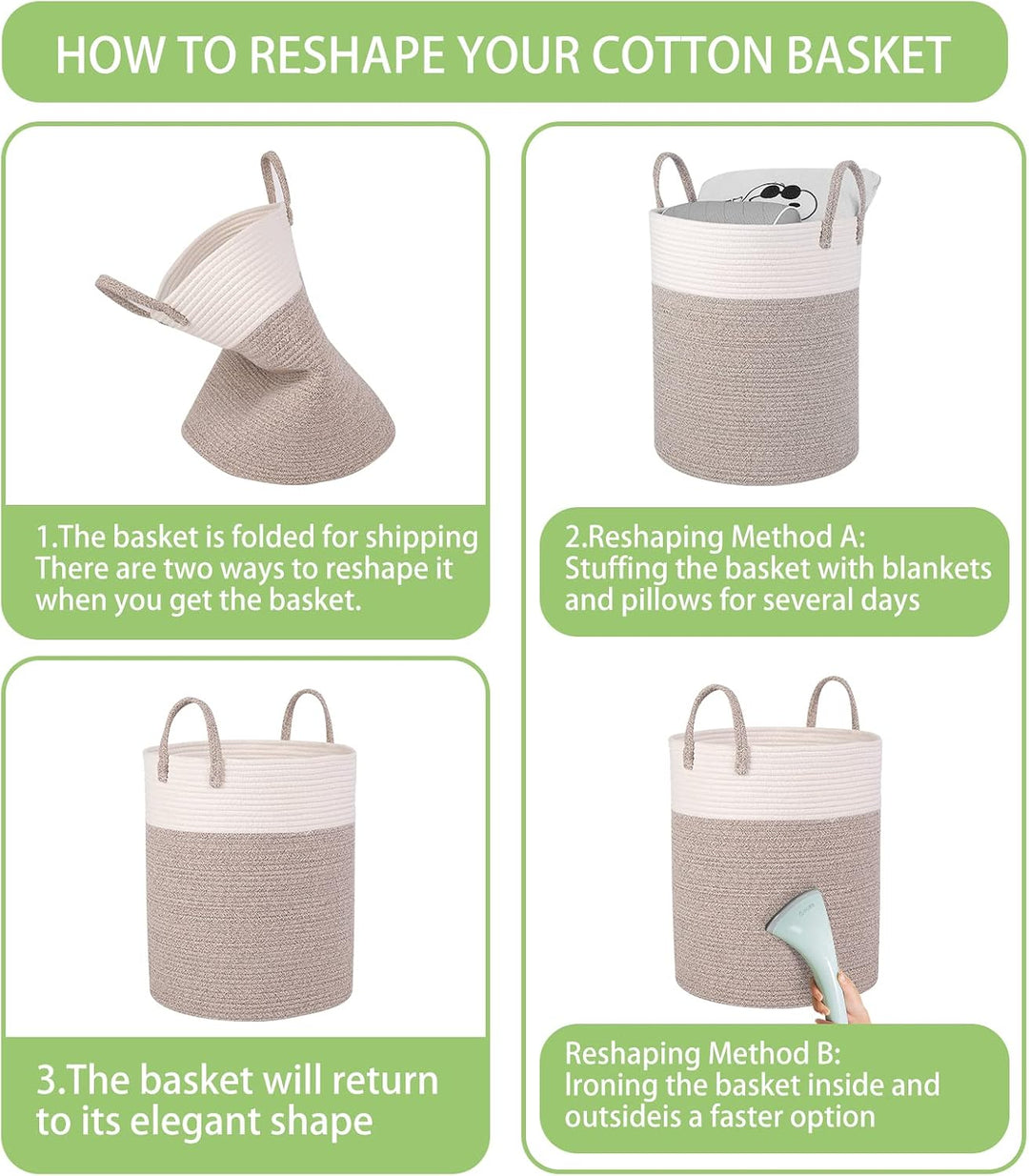 Withosent Wäschekorb Geflochten aus Baumwolle, 66L Wäschesammler mit Henkel, Laundry Basket Aufbewah