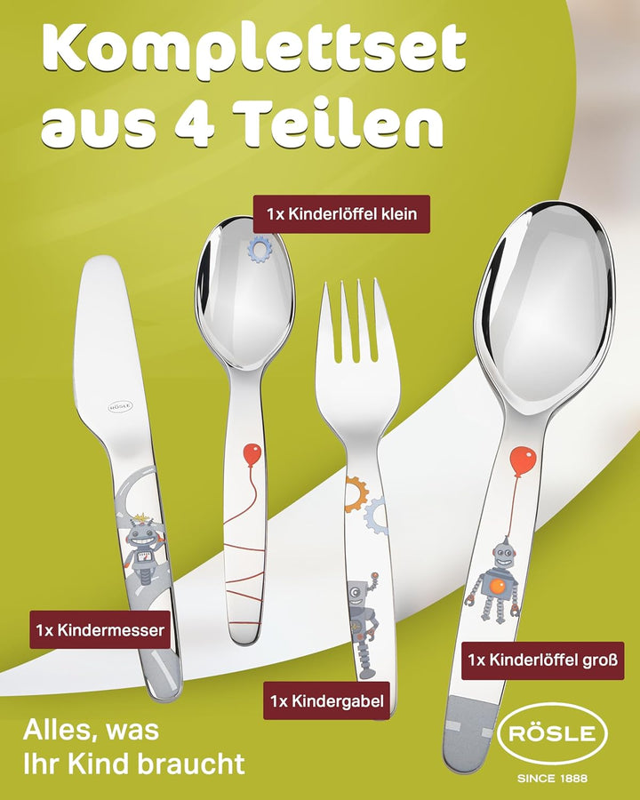 RÖSLE Kinderbesteck "Kleiner Roboter", 4-teilig, ab 3 Jahren, Edelstahl 18/10, Spülmaschinengeeignet