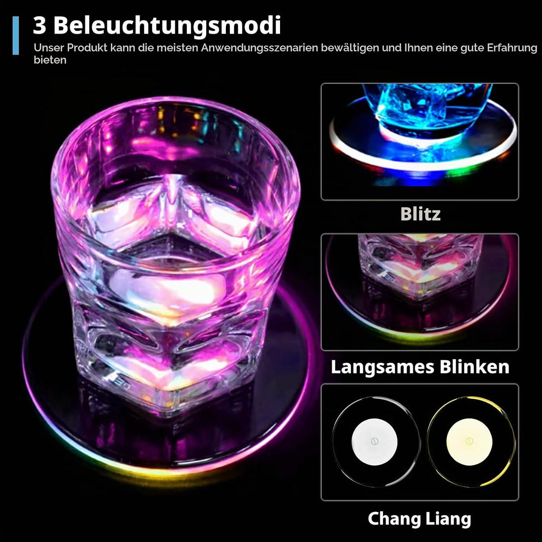 8 Stück LED Untersetzer: Ø 10cm Leuchtuntersetzer Rund aus Acryl, Wasserdicht mit 7 Farbmodi &amp; ON/Of