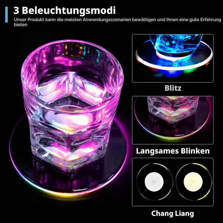 8 Stück LED Untersetzer: Ø 10cm Leuchtuntersetzer Rund aus Acryl, Wasserdicht mit 7 Farbmodi &amp; ON/Of