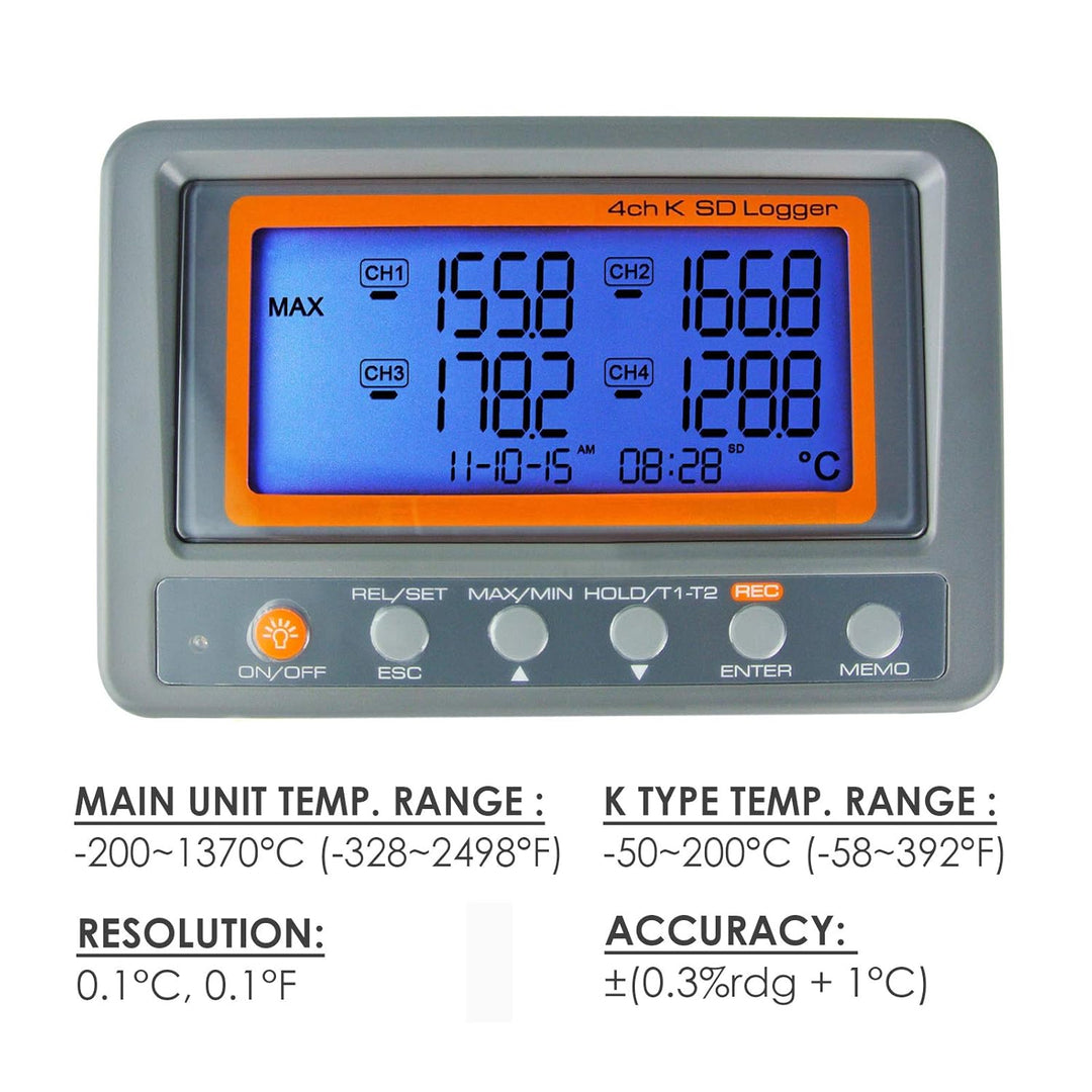 Gain Express 4 Kanäle K-Typ Thermoelement Temperatur-Datenlogger Recorder mit SD-Karte, hohe Genauig