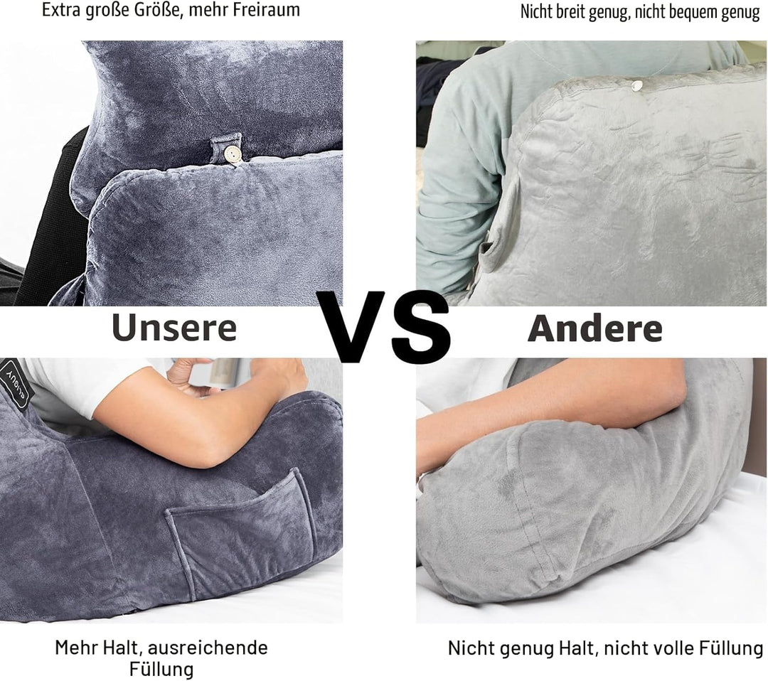 Lesekissen zum Sitzen im Bett Couch Erwachsene, Rückenkissen mit Taschen, Rückenkissen für Erwachsen