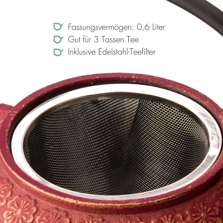 Bredemeijer rotes asiatisches gusseisernes Teekannen Set 0.6 Liter mit 2 Tassen