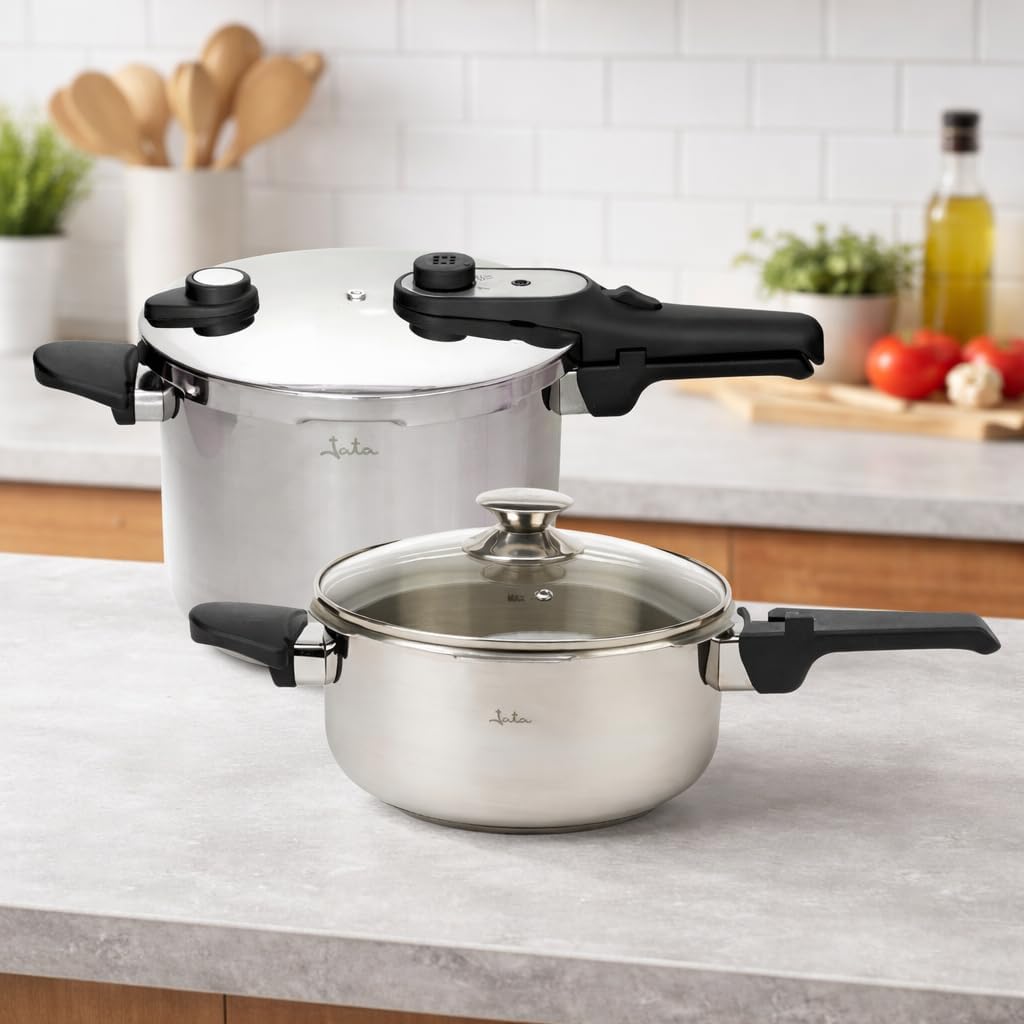JATA Home HOLL2547 Express-Schnellkochtopf, 4 l + 7 l, Edelstahl, SUS304, Induktion, 2 Druckstufen,