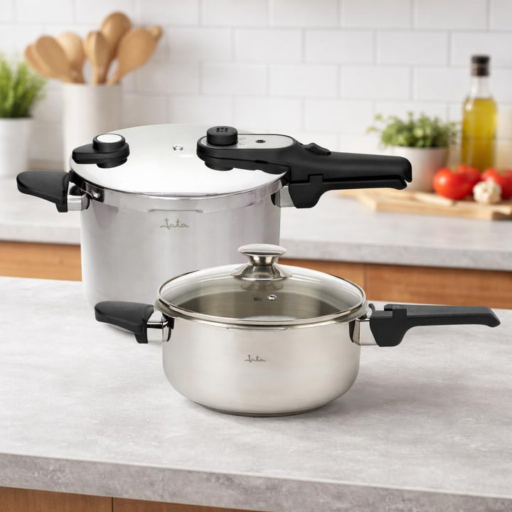 JATA Home HOLL2547 Express-Schnellkochtopf, 4 l + 7 l, Edelstahl, SUS304, Induktion, 2 Druckstufen,