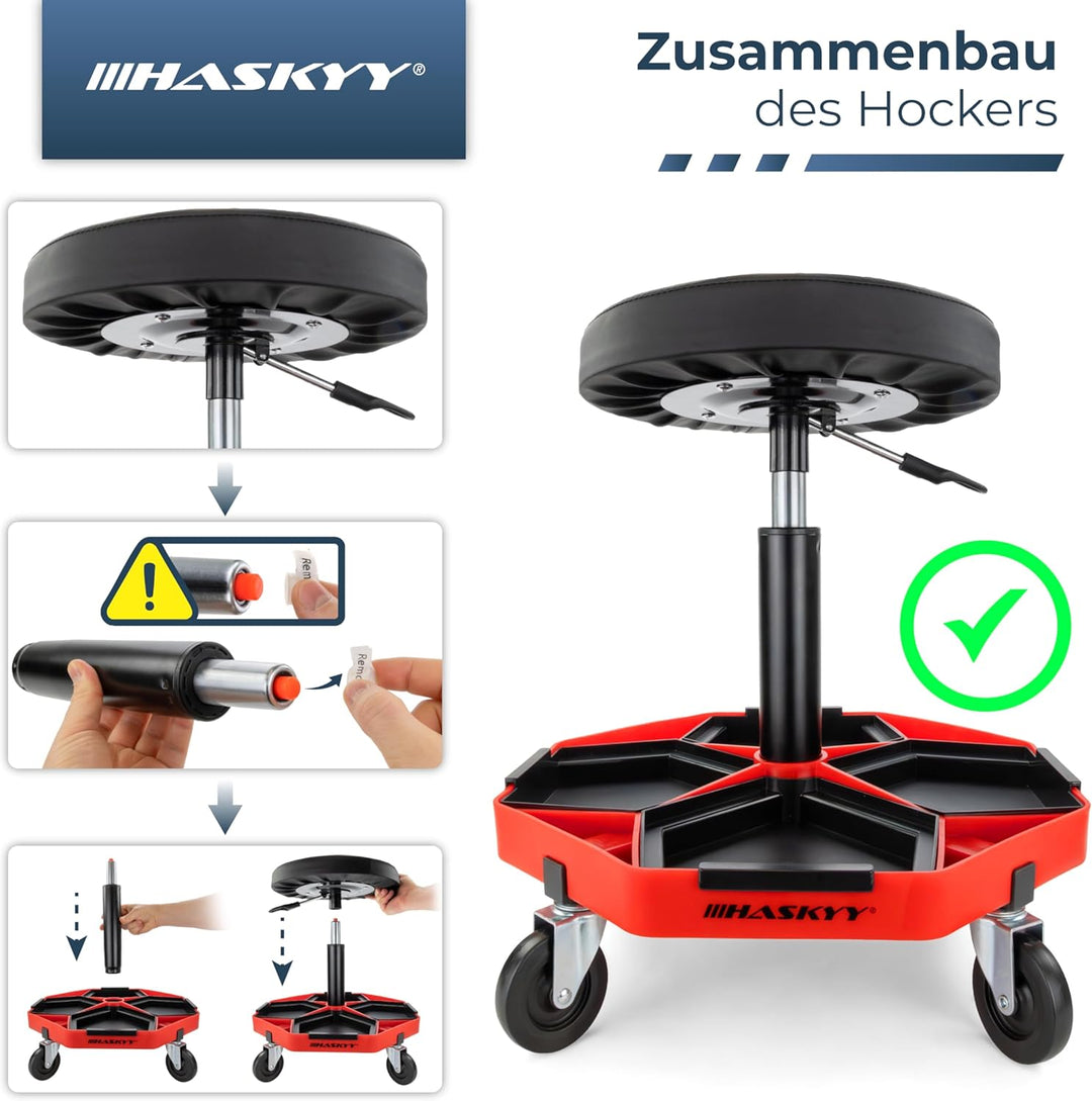 HASKYY Werkstatthocker Arbeitshocker Praxishocker 43-58cm - Bis 150kg belastbar - Gepolsterter Werks