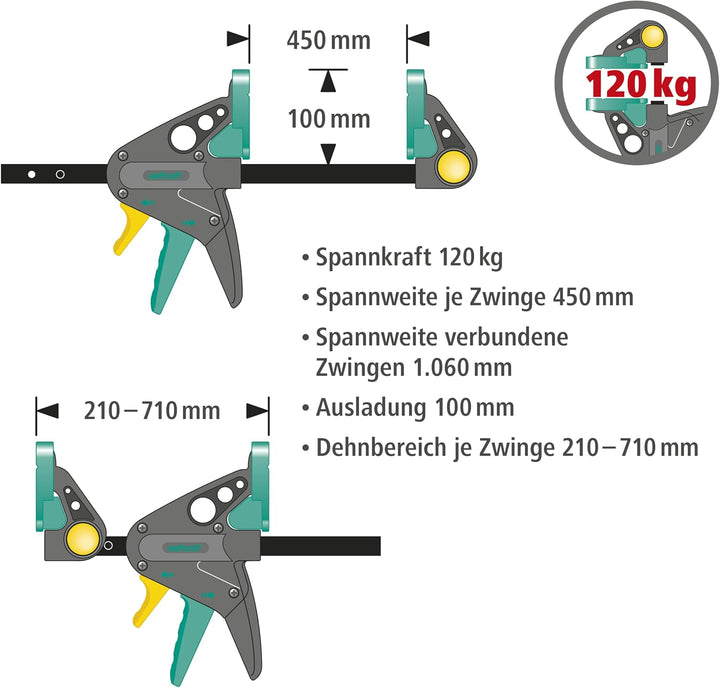 wolfcraft XL-Einhandzwingen-Set, 3-tlg. I 8624000 I Ermöglicht flexible Spannweiten von bis zu 1060