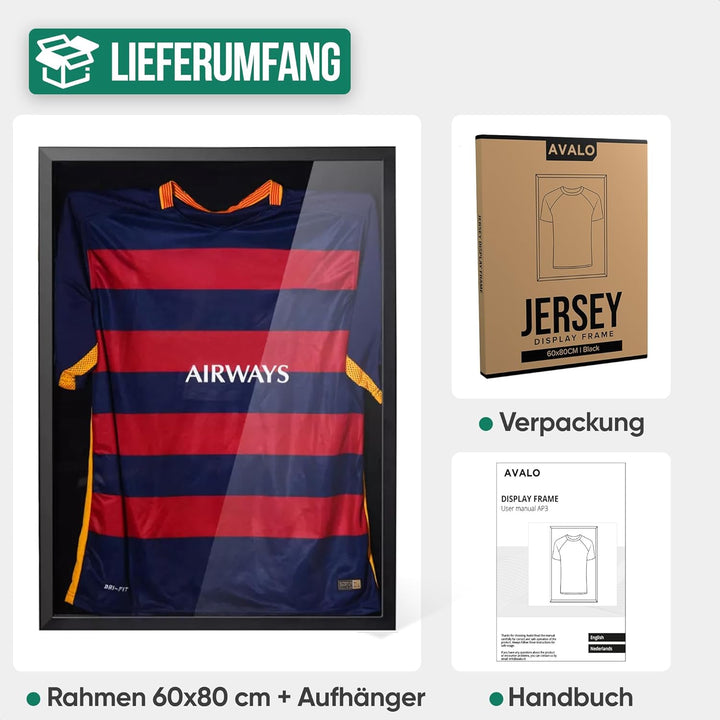 Avalo Objektrahmen - Einrahmung Fussballtrikot - 3D Box Frame - 60x80 CM - Schwarz - Deep Frame - Tr