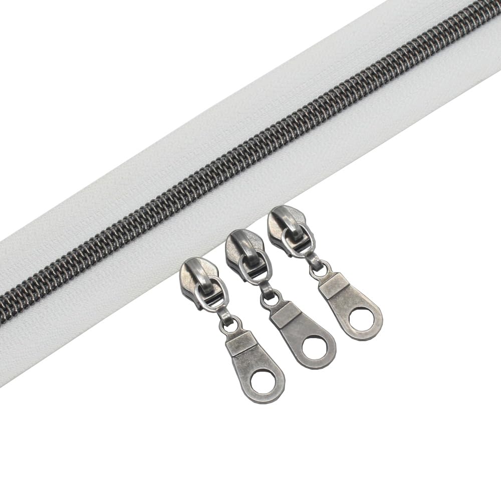 YaHoGa 9 m Altsilber endlos Reissverschluss Meterware weisse Reissverschluss 6mm-Spirale + 25 Nonloc