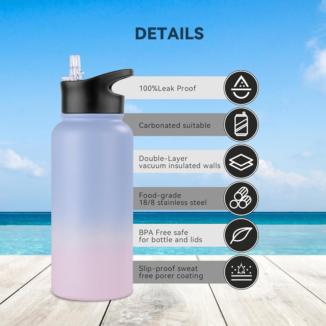 Edelstahl Trinkflasche - 1L - mit Strohhalm,Auslaufsicher,Kohlensäure Geeignet,BPA frei Thermosflasc