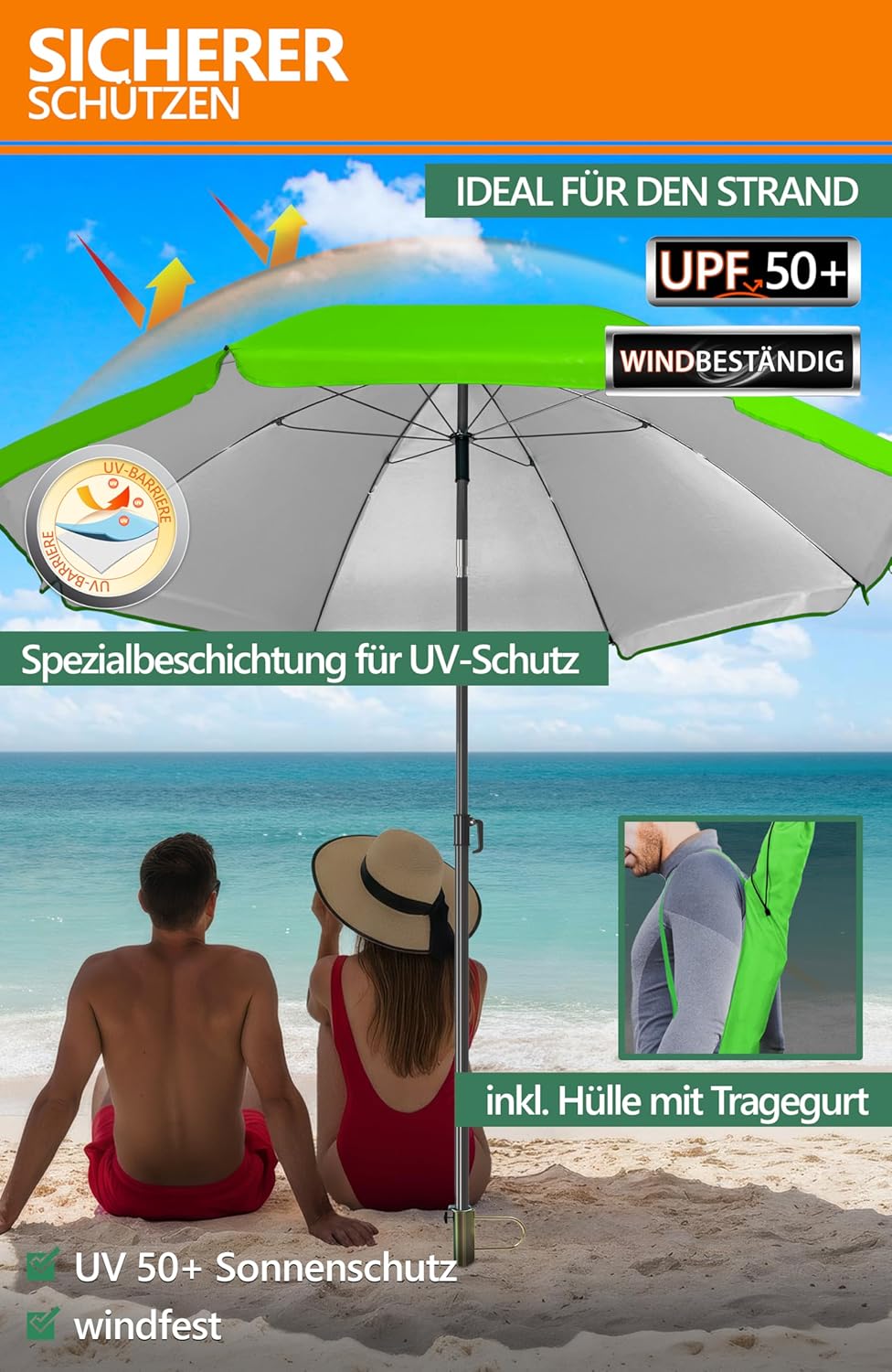 4smile SunnyJoy Sonnenschirm Strand 180 cm, Strandschirm windfest stabil in Grün, inkl. Rasendorn So