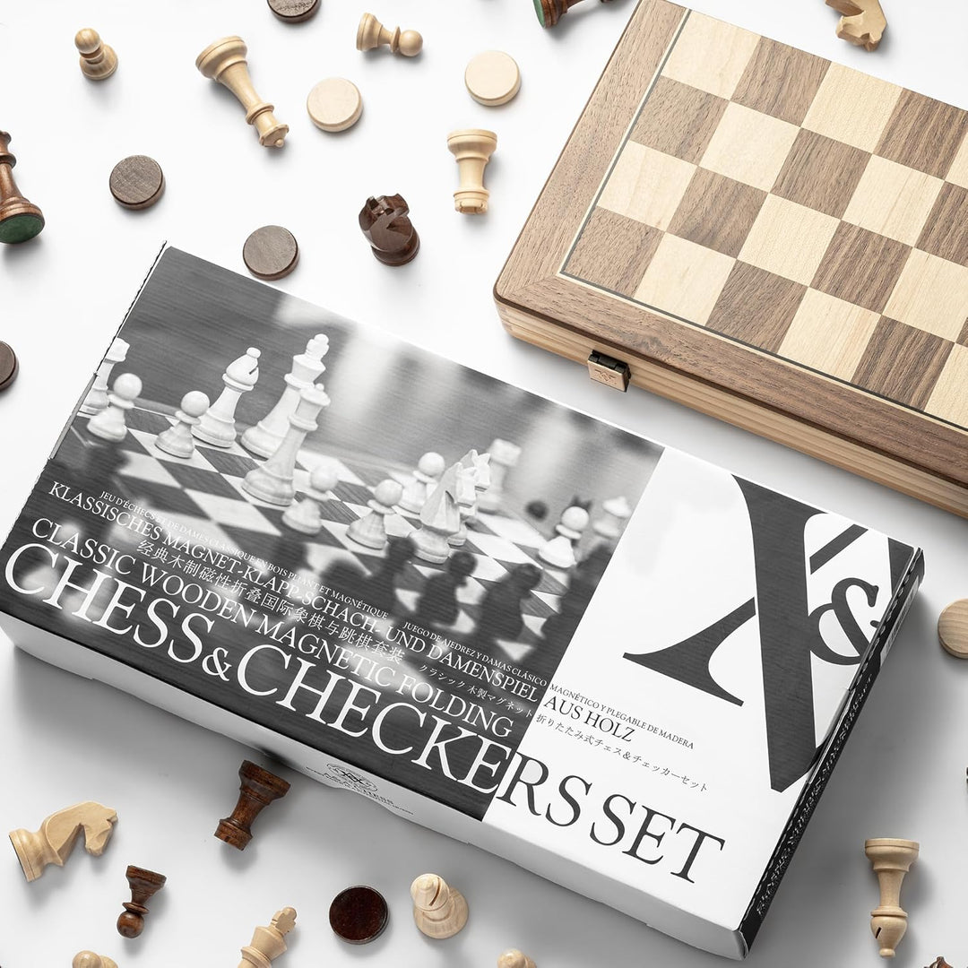 A&A Magnetic Wooden Chess Set, 38.1 cm, Folding Board, 7.6 cm, King Height German Knight Staunton Ch