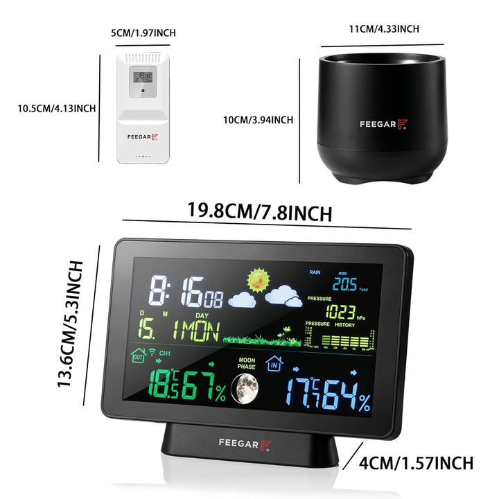 Wireless Weather Station with Digital Rain Gauge, Feegar Forecaster LCD 7,5" Indoor Outdoor Temperat