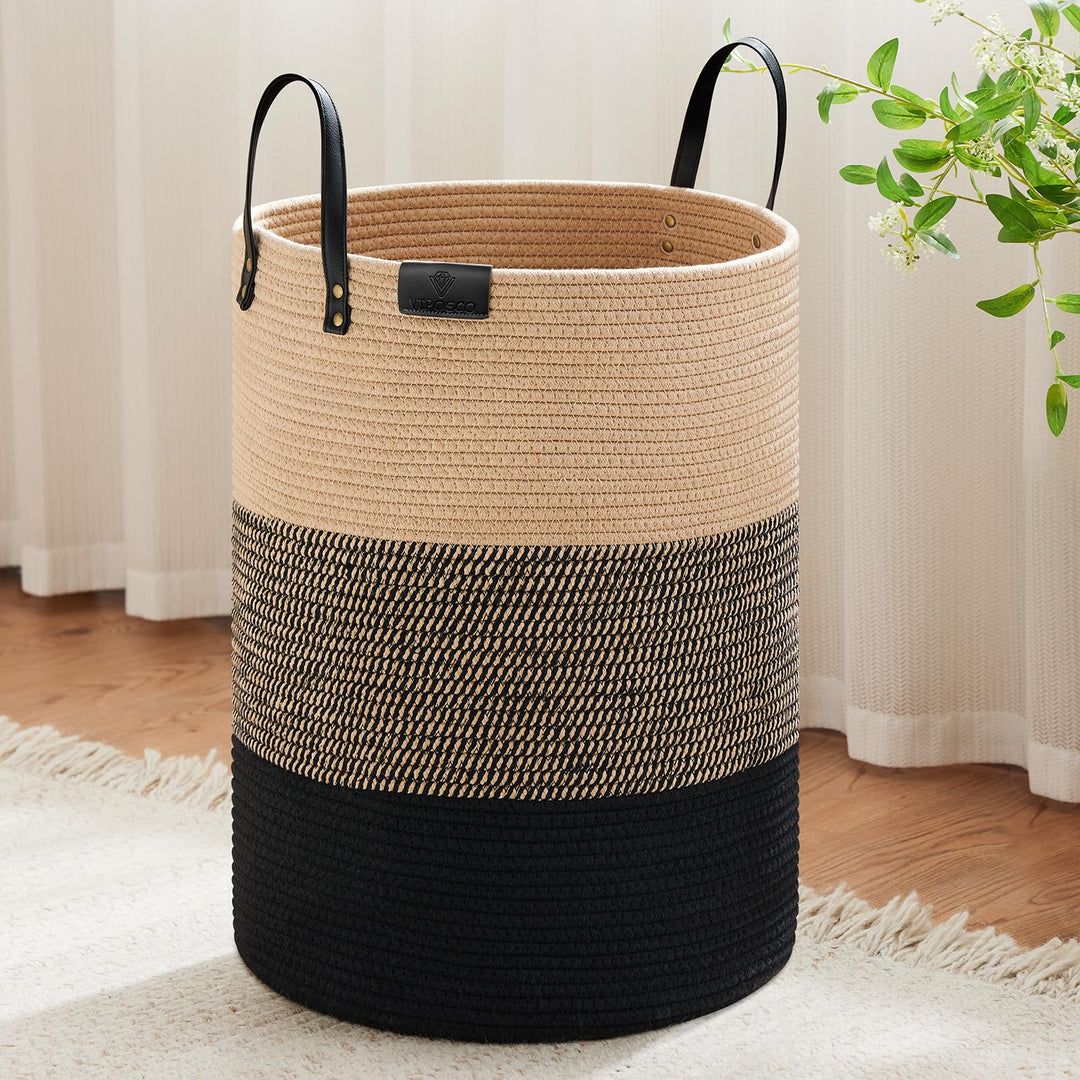 VIPOSCO Grosser Wäschekorb von Laundry mit Ledergriff, gewebter Aufbewahrungskorb für Decke, Spielze