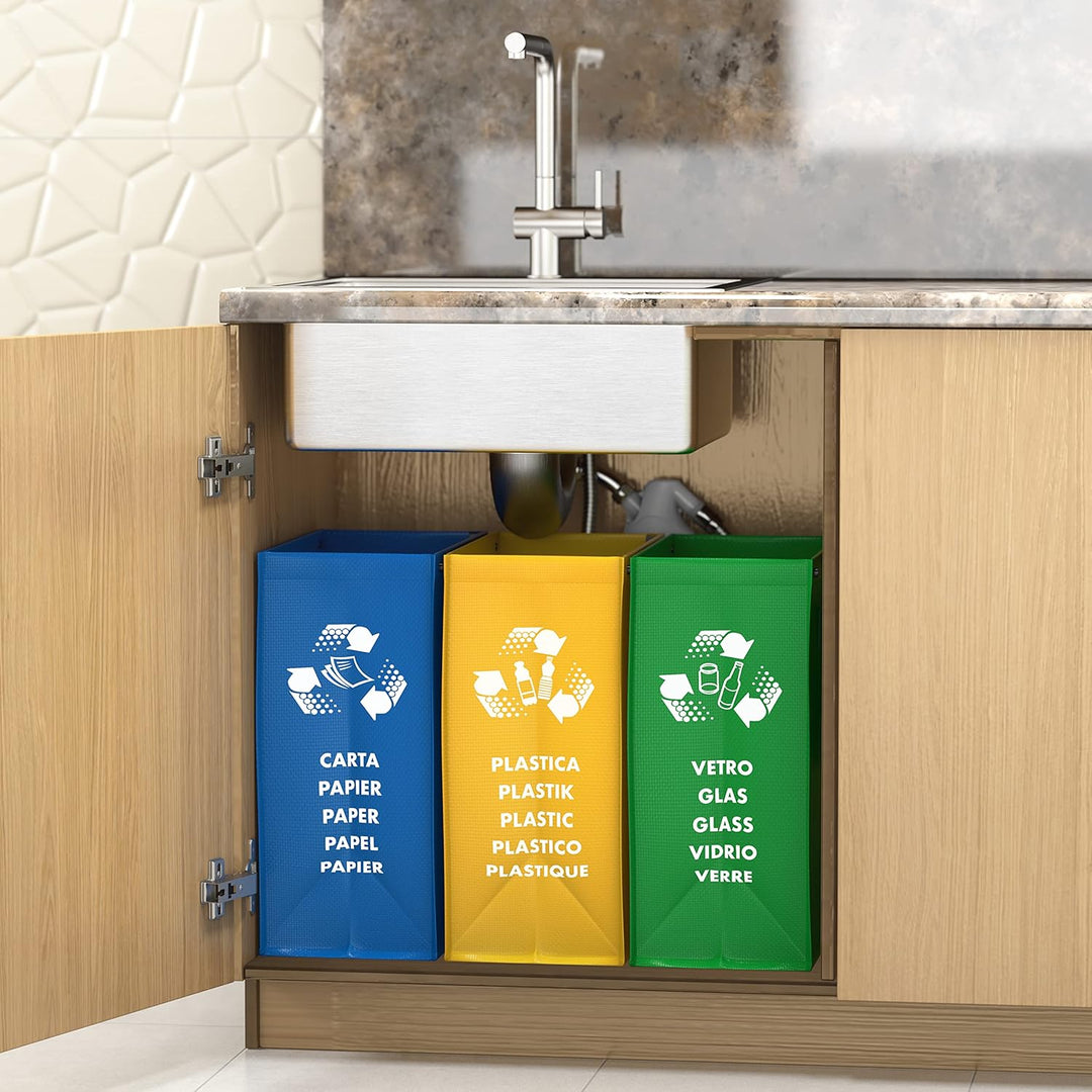 PTMS® Mülleimer 3 Fächer - Mülltrennsystem für Papier, Glas und Plastik - Umweltfreundliche Recyclin
