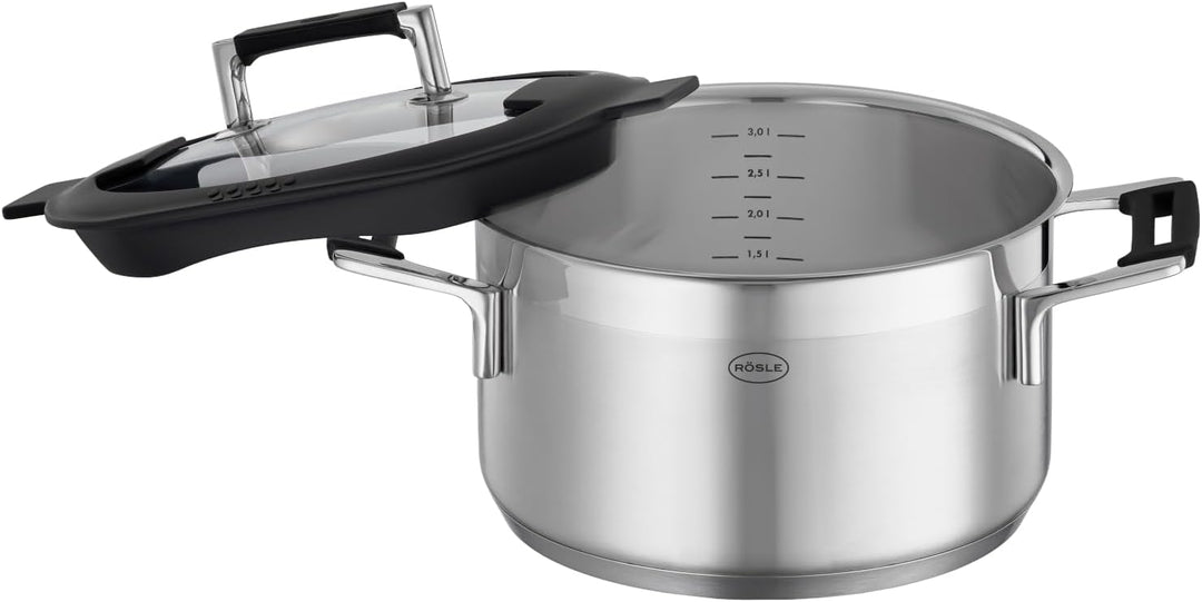 RÖSLE SILENCE PRO Kochtopf, Hochwertiger Universaltopf aus Edelstahl 18/10, 24 cm, Glasdeckel, Innen