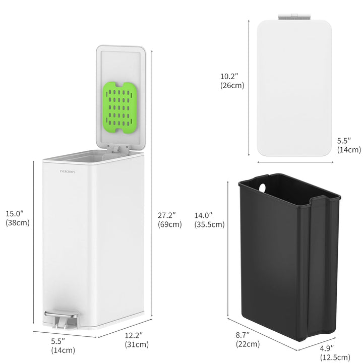 EverGrove 10L schmaler Edelstahl Mülleimer mit Pedal, Soft‑Close Deckel und Geruchsfilter, Slim Bade
