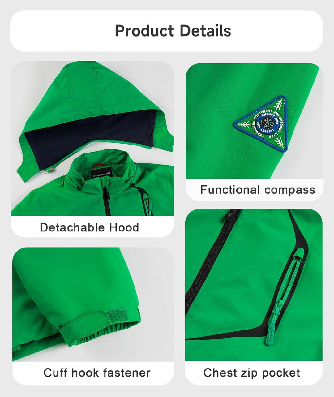 YoungSoul Kinder wasserdichte Regenjacke mit Abnehmbarer Kapuze 104-110 Grün, 104-110 Grün