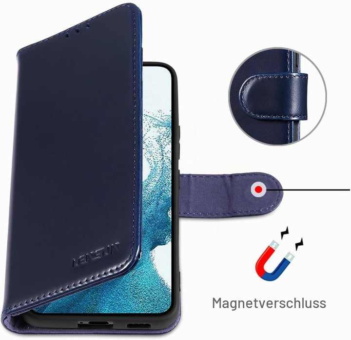 LENSUN Echtleder Hülle für Samsung Galaxy S22, Handyhülle Echtes Leder Magnetverschluss Standfunktio