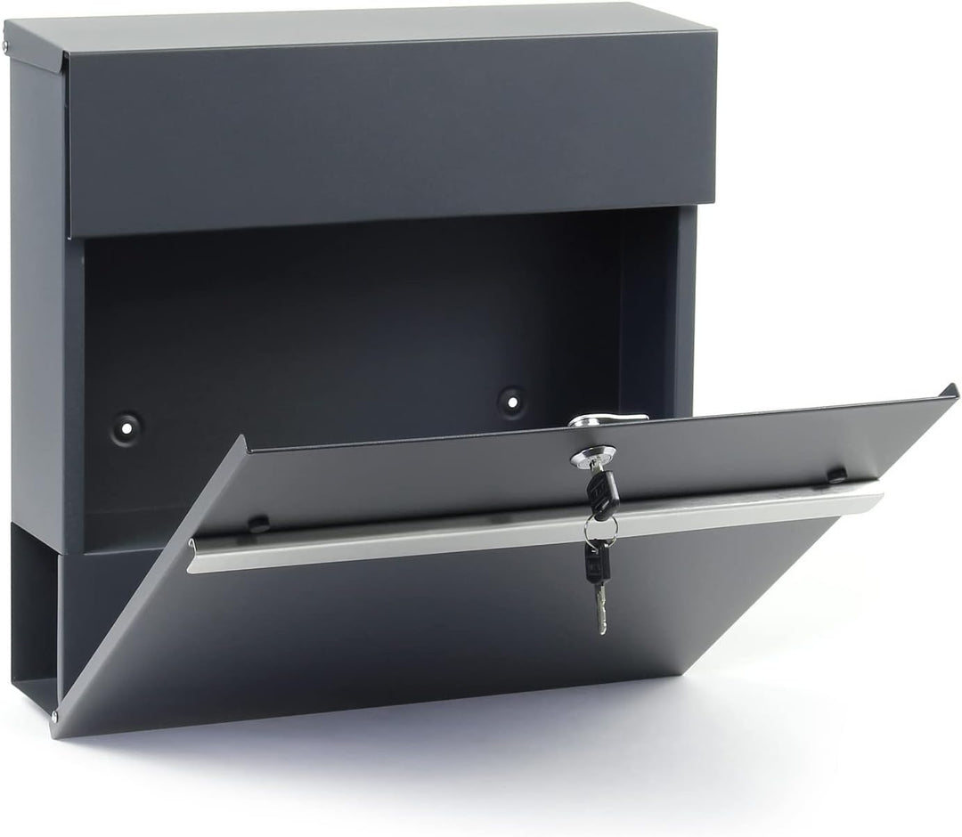Wiltec Designer Briefkasten V50 Anthrazit und Edelstahl 370 x 105 x 370 mm, Wandbriefkasten mit Schl