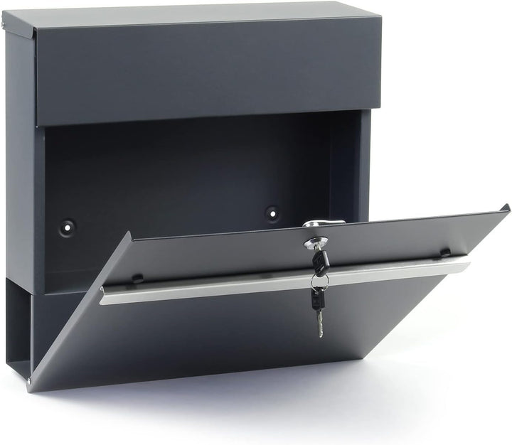 Wiltec Designer Briefkasten V50 Anthrazit und Edelstahl 370 x 105 x 370 mm, Wandbriefkasten mit Schl