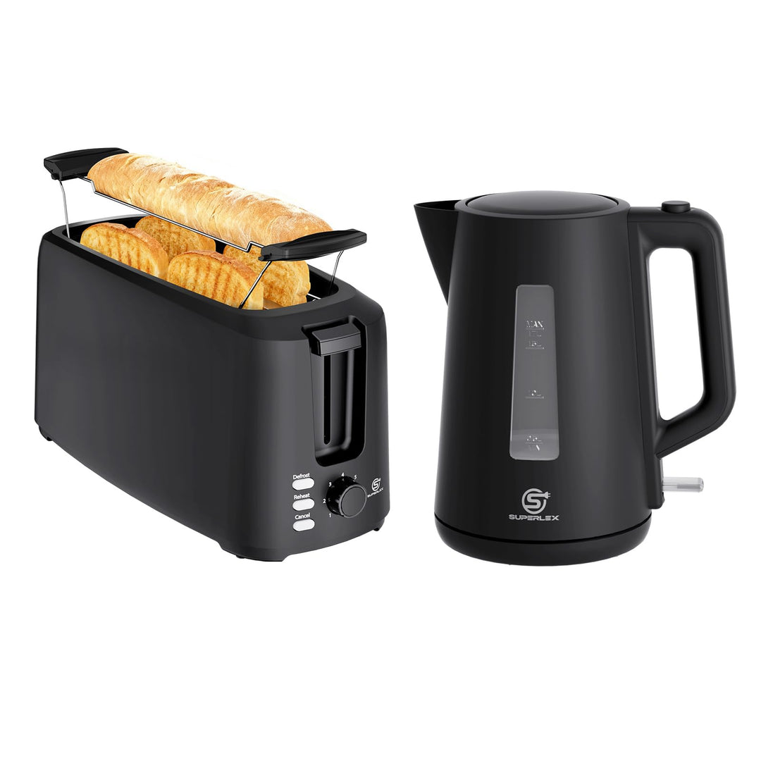 Frühstücksset Wasserkocher Toaster Set Schwarz 1,7L 2200W Mit 4 Scheiben Langschlitz Toaster 7 Bräun