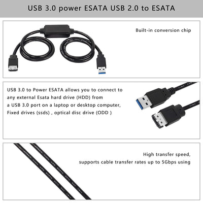XMSJSIY USB zu eSATA Adapter Kabel 5Gbps USB 3.0 zu Power eSATA Konverter Kabel 5V für HDD/SSD/ODD L