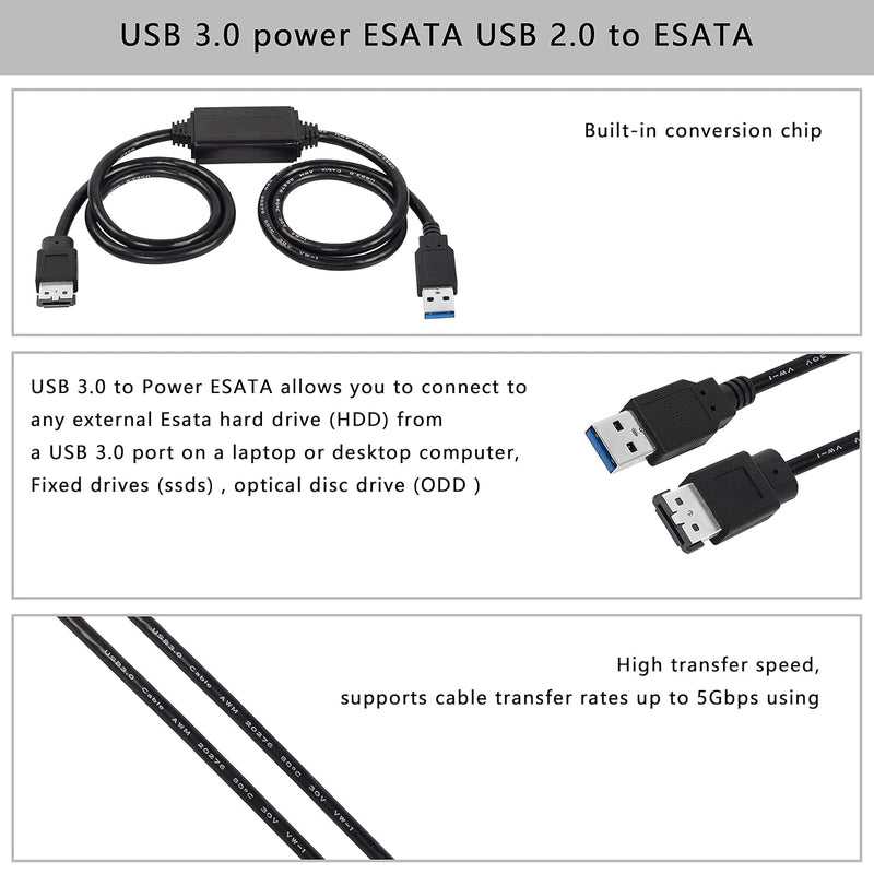 XMSJSIY USB zu eSATA Adapter Kabel 5Gbps USB 3.0 zu Power eSATA Konverter Kabel 5V für HDD/SSD/ODD L