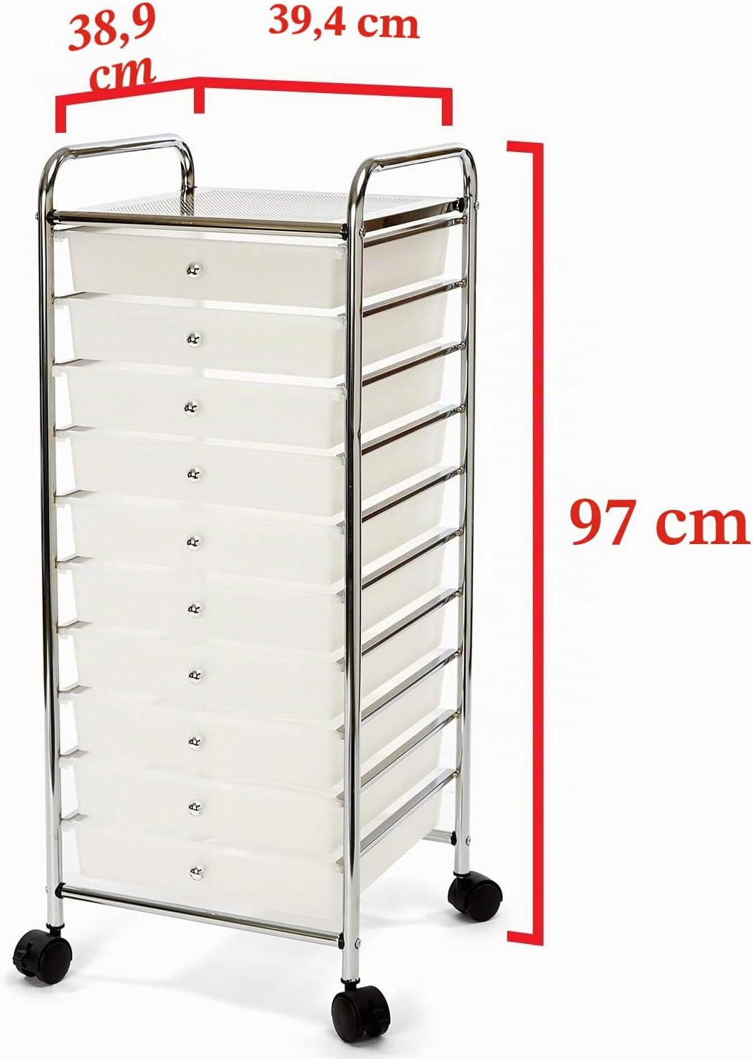 Seville Classics SHE16210B 10 Schubladen Rollwagen, Metall, silber, 39.5 x 39 x 98 cm 39.5 x 39 x 98