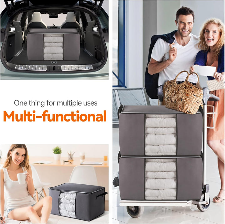 3er Set Aufbewahrungstaschen aus Vliesstoff 60×40×35 cm (Dunkelgrau) + 3 Vakuumbeutel 70×50 cm, Falt