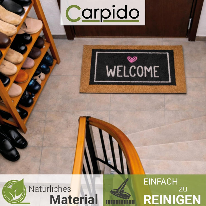 Carpido Fussmatte Kokos Welcome Herz schwarz - Türmatte 2er Set 40 x 60 cm - antibakterielle Eingang