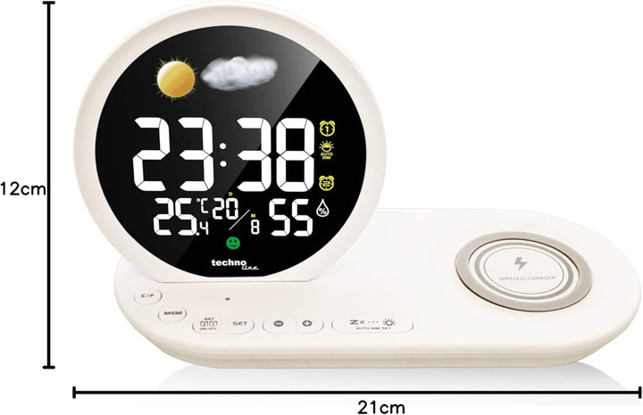 Technoline WT 427 LED-Wecker mit drahtloser Ladefunktion und USB-Ladeanschluss Weiss 210 x 120 x 90