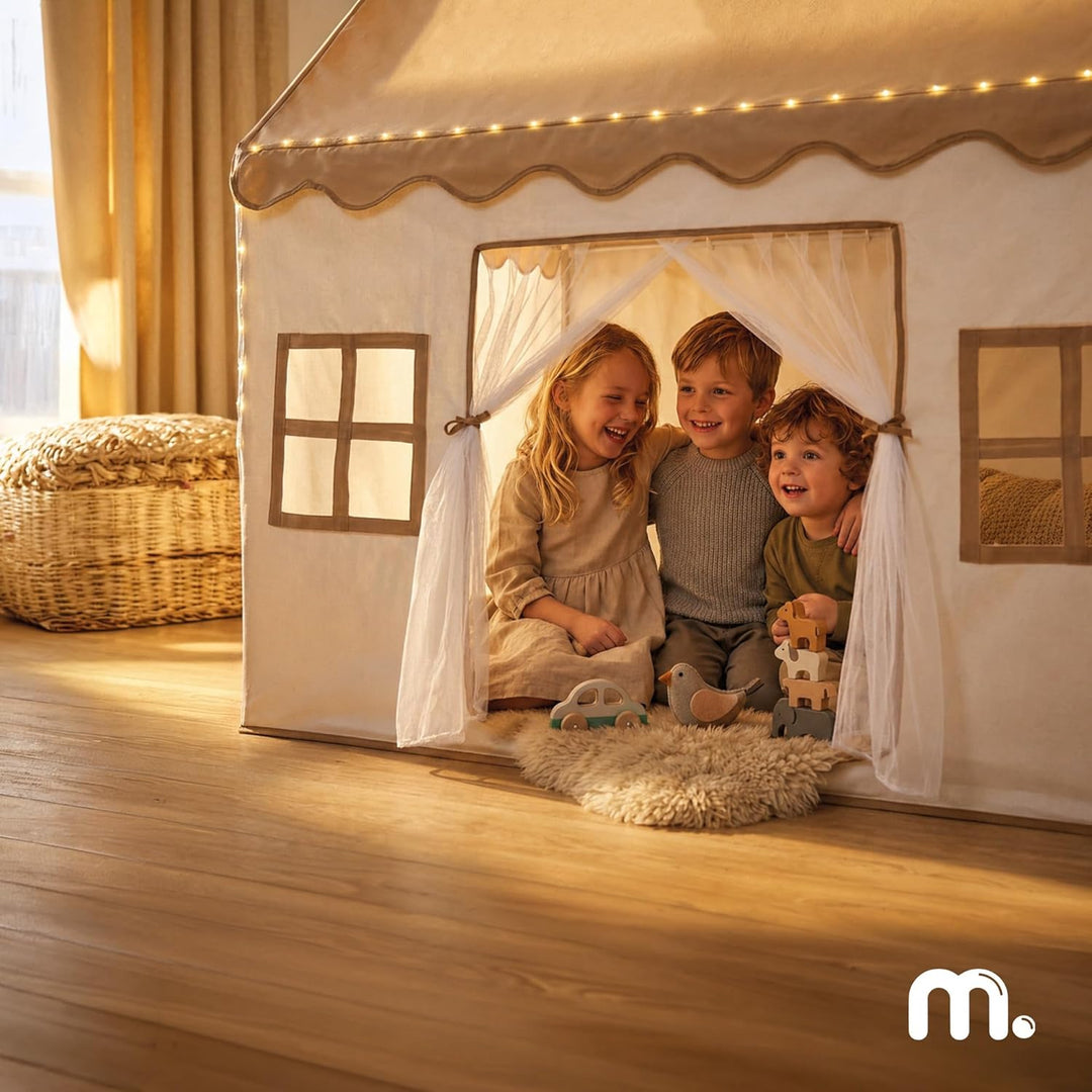 mamabrum XXL Spielhaus Zelt für Kinder aus Polyester mit LED Beleuchtung und Fenstern, Skandinavisch