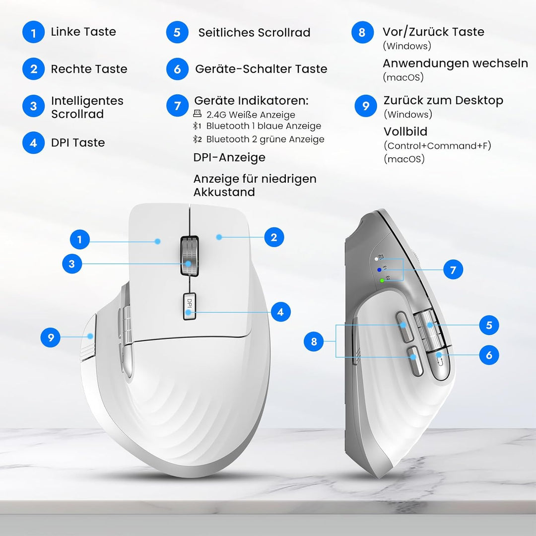 CITLLA Kabellose Bluetooth Maus,Wiederaufladbare,Geräuscharme Maus mit Multi-Device-Funktion,Einstel