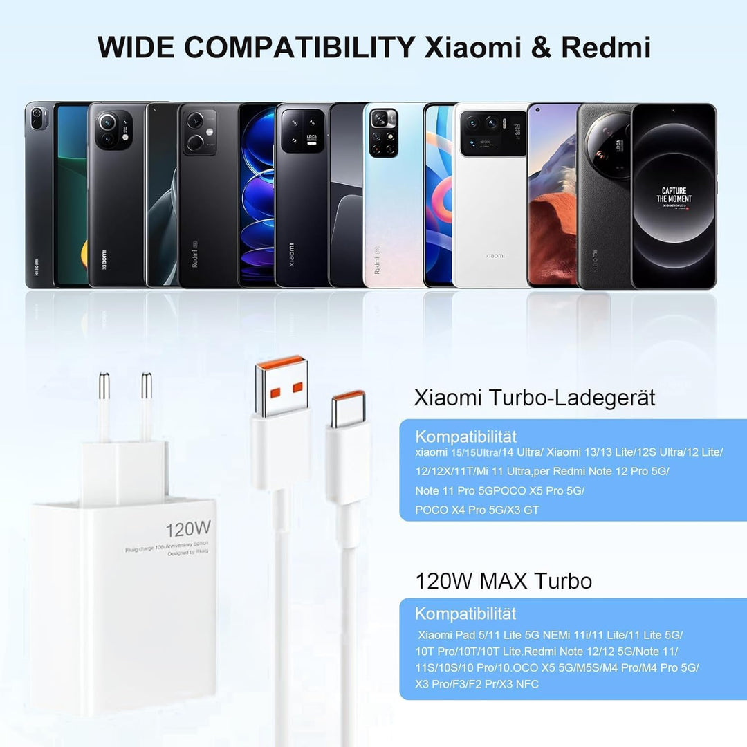 120W USB C Ladegerät Ladekabel für Xiaomi 15 Ultra, 14T 14T Pro, 13T Lite, 12 12T, Redmi Note 14Pro