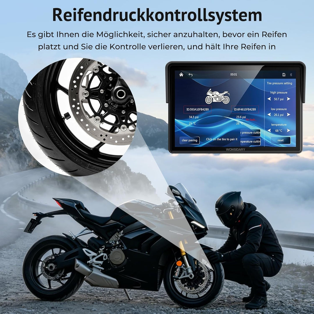 W522TPMS 5 Zoll Motorrad CarPlay Display mit TPMS &amp; Android Auto | Motorrad Navi Display mit IP67 Wa