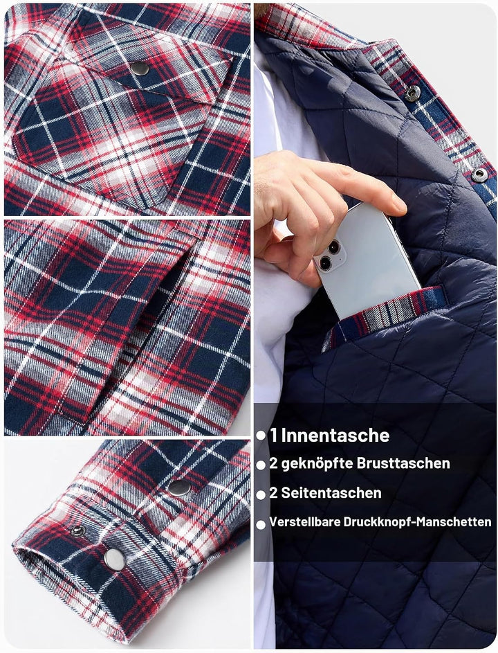 TACVASEN Herren Karierte Hemdjacke Flanellhemd Holzfällerhemd Thermohemd Jacke S Rot Weiss, S Rot We