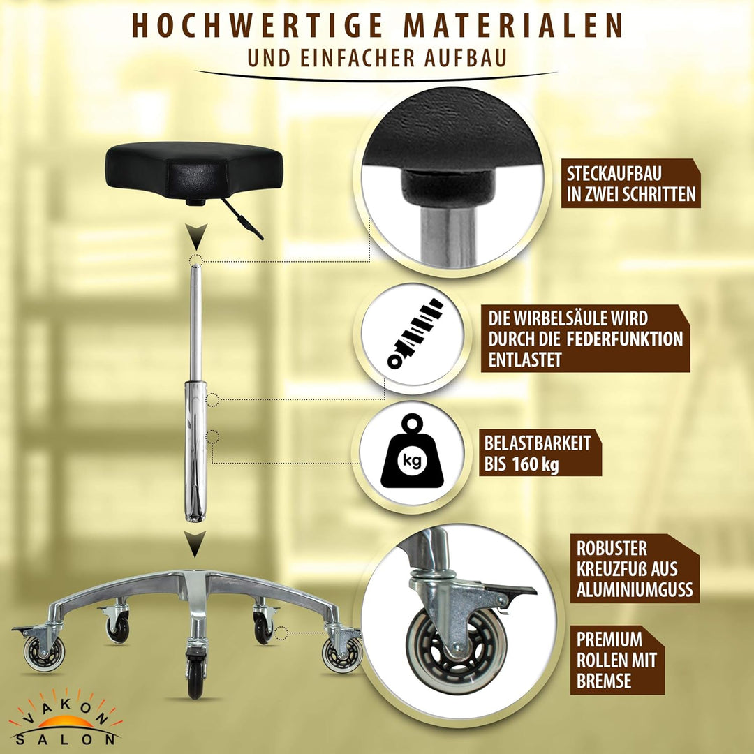 VAKON SALON - Ergonomischer Rollhocker - Premium Rollen mit Bremse - Höhenverstellbarer von 55-75 cm