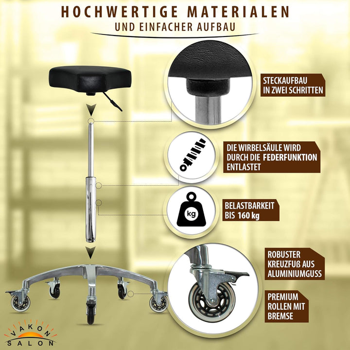 VAKON SALON - Ergonomischer Rollhocker - Premium Rollen mit Bremse - Höhenverstellbarer von 55-75 cm
