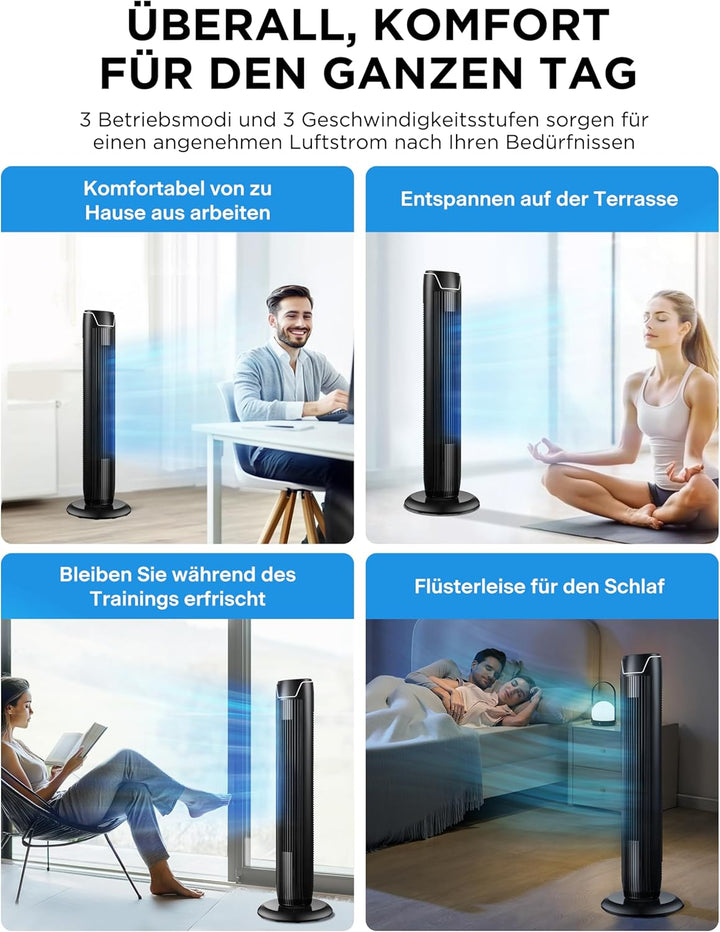 Midea FZ10-17JR Turmventilator Leise mit Fernbedienung 92CM, mobiler Lüfter,Ventilator Säulenventila