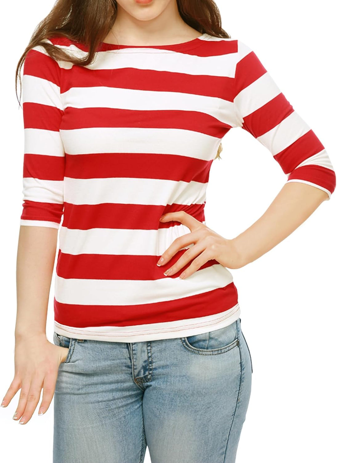 Allegra K Damen Gestreiftes Shirt U Boot Ausschnitt Halbarm Party Ferien Streifen Top Bluse XS Rot,