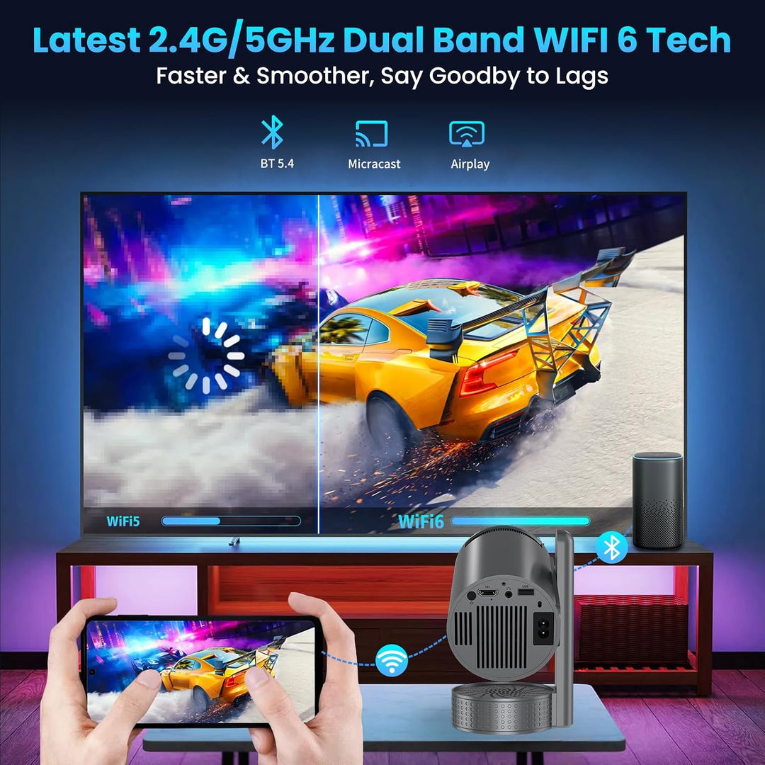 Mini Beamer 4K 1080P, Smart Projektor Tragbarer Android 13, WiFi 6 BT 5.4