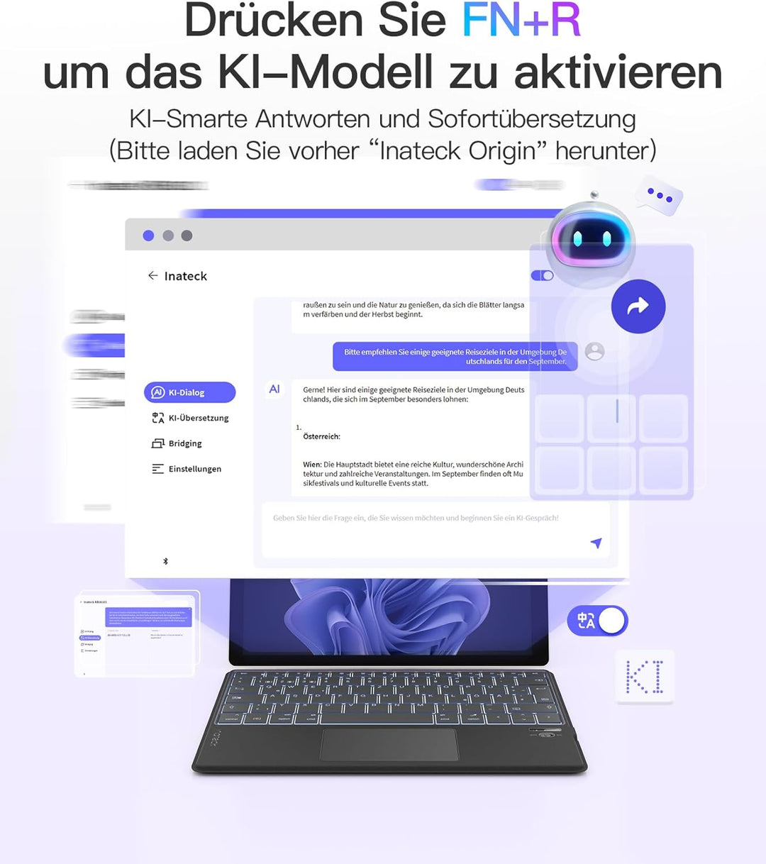 Inateck Bluethooth Tastatur mit Touchpad,Tablet Tastatur Ultra-Slim, mit 3 Bluetooth Kanälen für Win