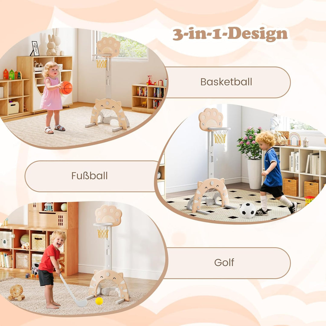 COSTWAY 3 in 1 Kinder Basketballkorb, Basketballständer mit Basketball & Fussball & Golfspiel, Indoo
