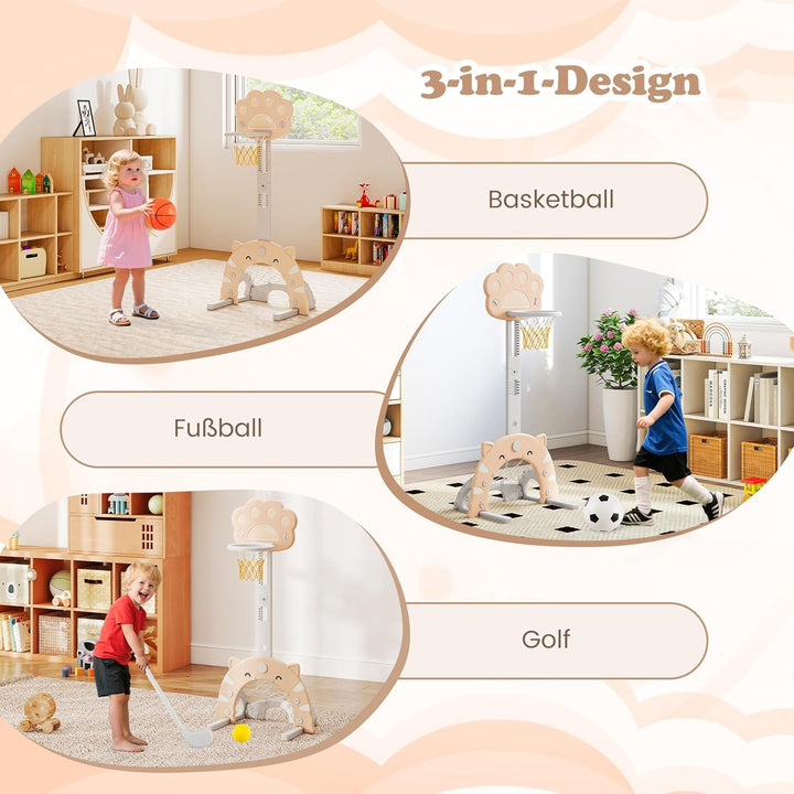 COSTWAY 3 in 1 Kinder Basketballkorb, Basketballständer mit Basketball & Fussball & Golfspiel, Indoo