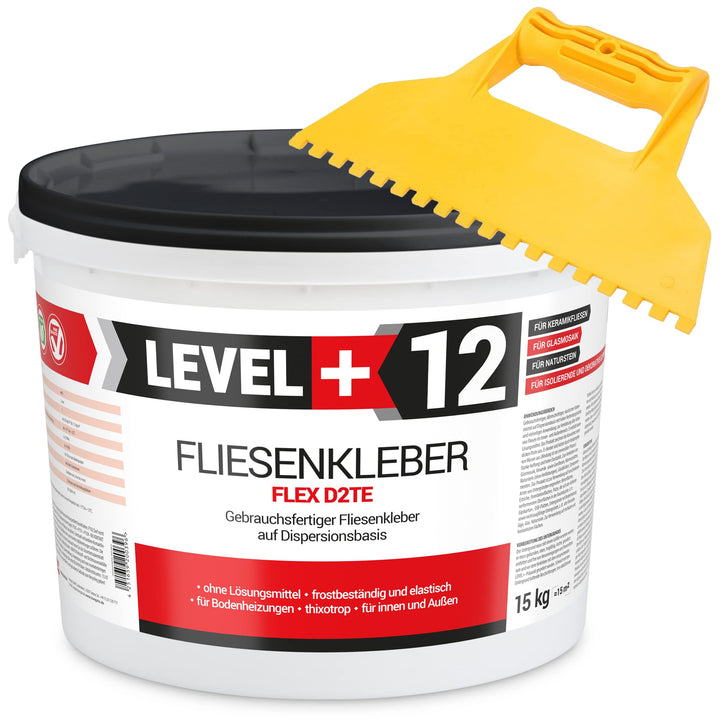 Fertig Fliesenkleber 15 kg Fertig + Kunstoffzahnspachtel Steinkleber Flexmörtel Weiss Dispersions-Kl